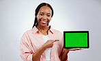 Woman, presentation and tablet green screen for e learning, online education or promotion on white background. Portrait, African student and digital technology, study opportunity or website in studio