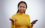 Phone call, black woman and confused portrait from scam conversation and anxiety from problem and fail. Studio, white background and frustrated female person with spam communication and mistake
