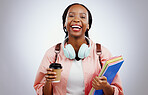 Woman student, coffee and books for education, university and happy learning, knowledge or study opportunity in studio. Portrait of African person for back to school or planning a white background