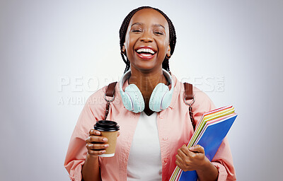 Woman student, coffee and books for education, university and happy learning, knowledge or study opportunity in studio. Portrait of African person for back to school or planning a white background