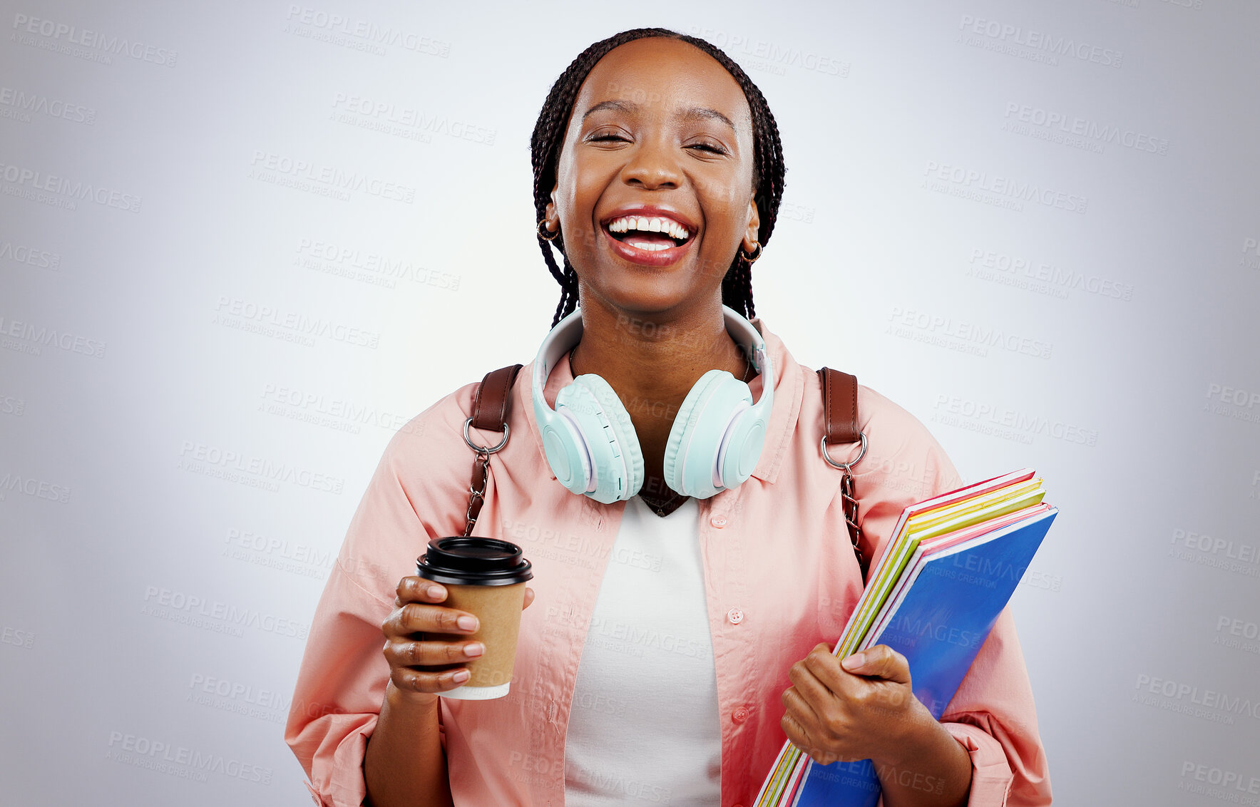 Buy stock photo Woman student, coffee and books for education, university and happy learning, knowledge or study opportunity in studio. Portrait of African person for back to school or planning a white background