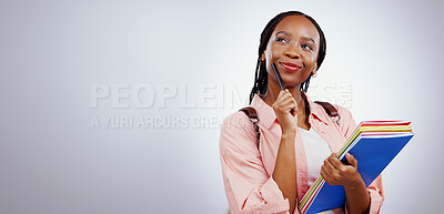 Buy stock photo Student, woman thinking and education mockup or banner for learning, university or study choice or opportunity in studio. African person with books, ideas and vision for future on a white background