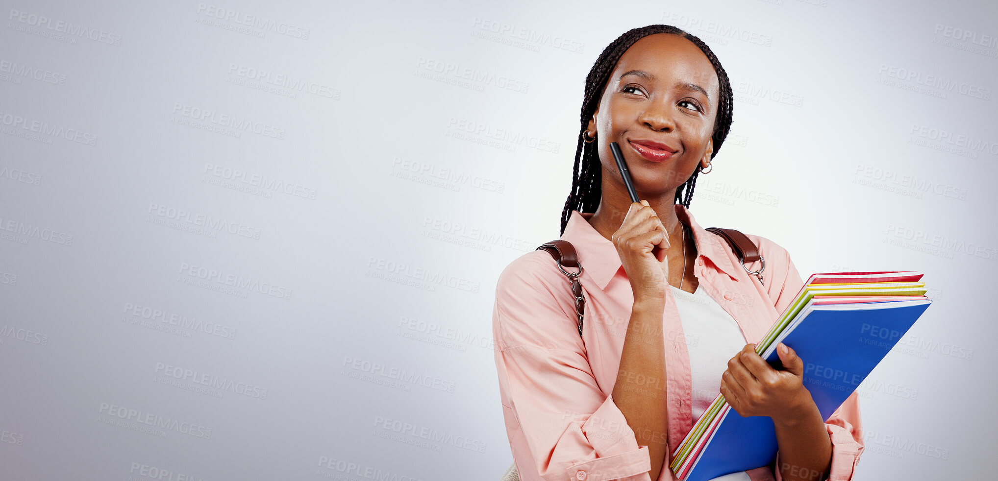 Buy stock photo Student, woman thinking and education mockup or banner for learning, university or study choice or opportunity in studio. African person with books, ideas and vision for future on a white background