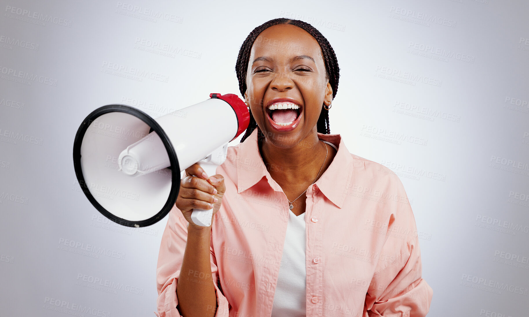 Buy stock photo Woman, megaphone and voice for announcement, broadcast or news of sale or discount on white background. Happy portrait of african person with call to action, attention and noise for winner in studio