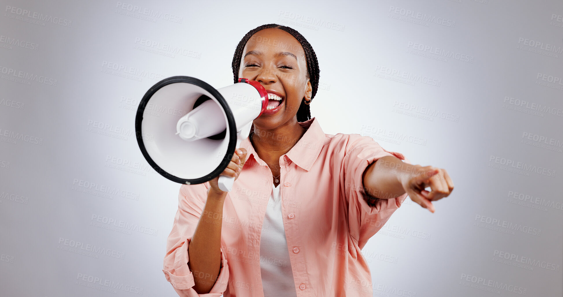 Buy stock photo Woman, megaphone and winner choice in announcement, broadcast or join us for opportunity on a white background. Portrait of African person pointing you for competition, bonus and winning in studio