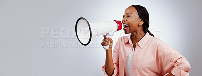 Buy stock photo Happy woman, megaphone and voice for announcement, broadcast or news of sale or discount on white background. African person with attention, noise and broadcast of winner in studio and banner space