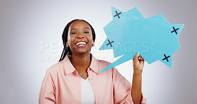 Woman, speech bubble and quote for social media, creative chat and college forum or language translation in studio. Portrait of african student with voice, poster mockup and communication in studio