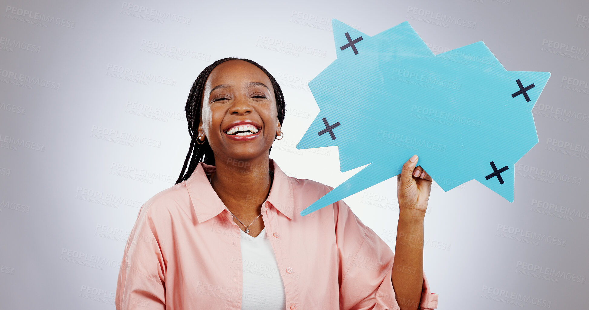 Buy stock photo Woman, speech bubble and quote for social media, creative chat and college forum or language translation in studio. Portrait of african student with voice, poster mockup and communication news