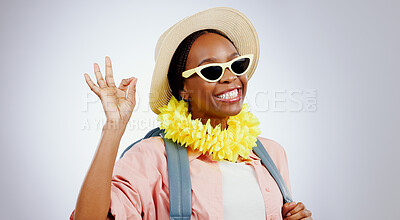 Buy stock photo Sunglasses, black woman and ok hands for perfect, portrait and studio isolated on white background mockup. Face, smile or person with okay sign, gesture and hat for travel or vacation recommendation