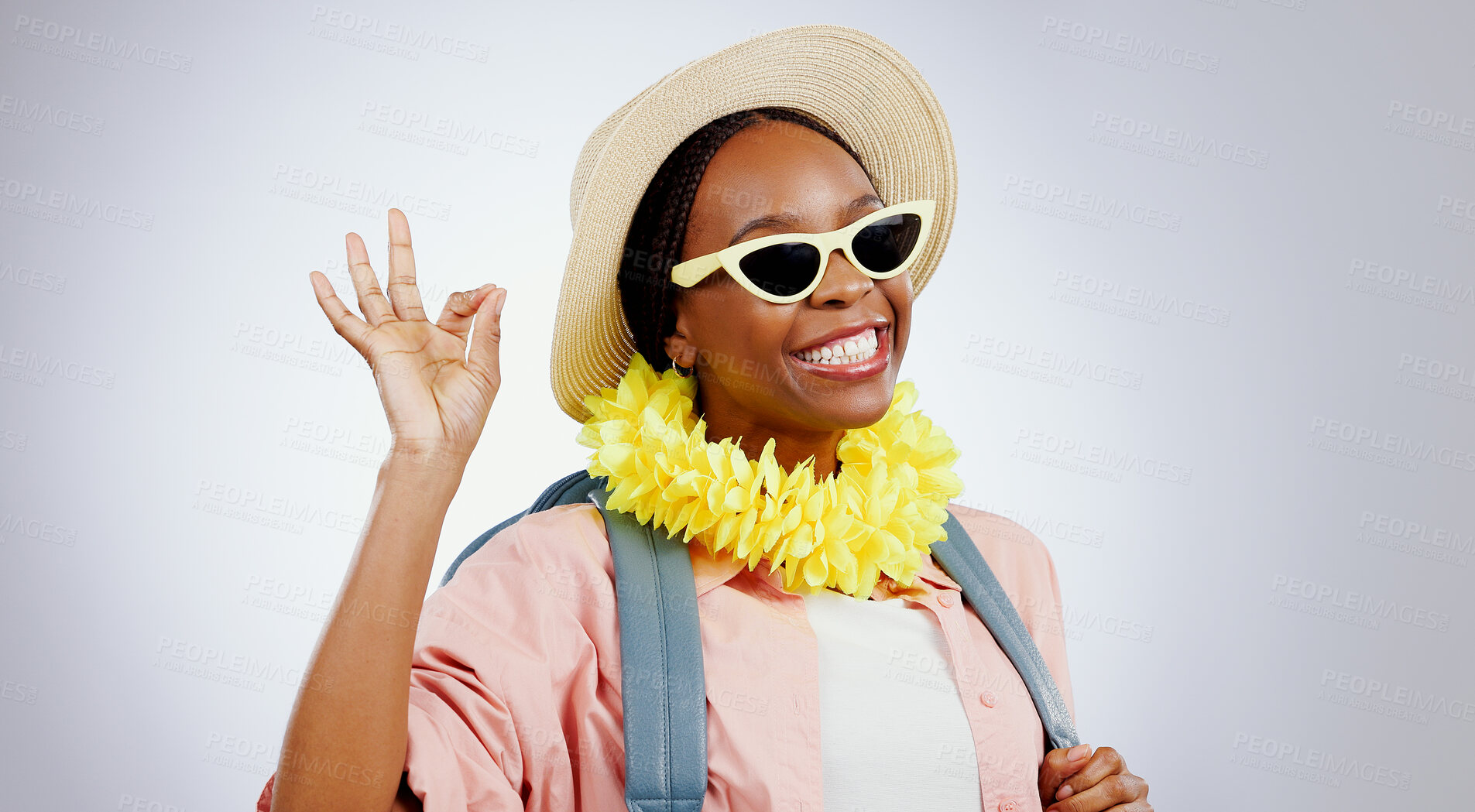 Buy stock photo Sunglasses, black woman and ok hands for perfect, portrait and studio isolated on white background mockup. Face, smile or person with okay sign, gesture and hat for travel or vacation recommendation