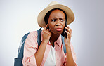 Phone call, travel and black woman with stress, confused or shocked on white studio background. African person, tourism or model with a cellphone, listening or news with reaction, doubt or frustrated