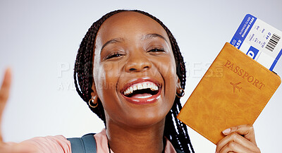 Woman, passport and portrait selfie for travel ticket, immigration and holiday on white background. Excited face of happy african person with ID documents, video call for vacation or flight in studio