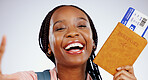 Woman, passport and portrait selfie for travel ticket, immigration and holiday on white background. Excited face of happy african person with ID documents, video call for vacation or flight in studio