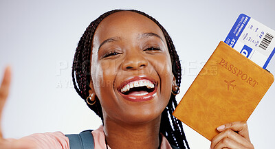 Buy stock photo Woman, passport and portrait selfie for travel ticket, immigration and holiday on white background. Excited face of happy african person with ID documents, video call for vacation or flight in studio