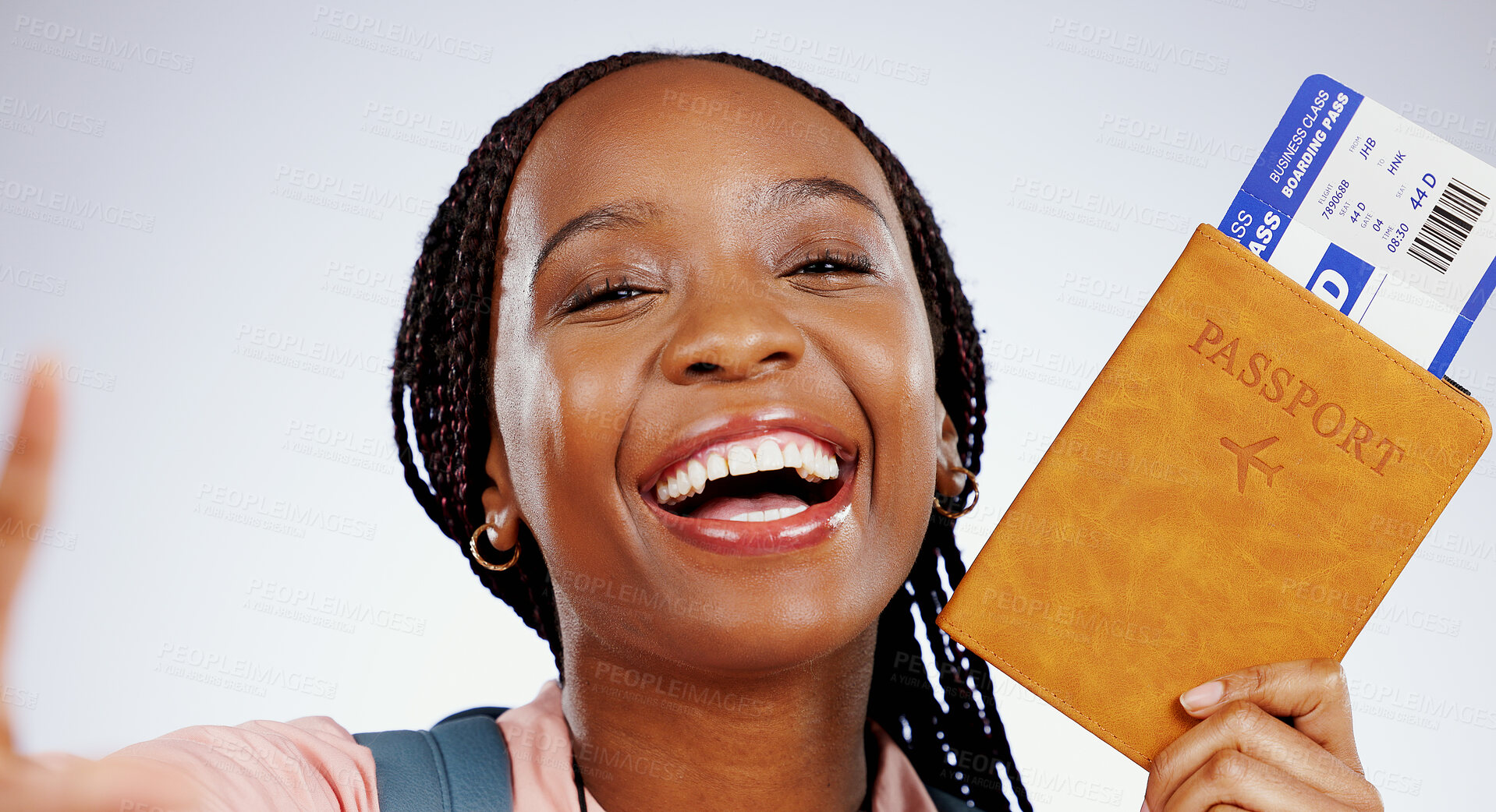 Buy stock photo Woman, passport and portrait selfie for travel ticket, immigration and holiday on white background. Excited face of happy african person with ID documents, video call for vacation or flight in studio