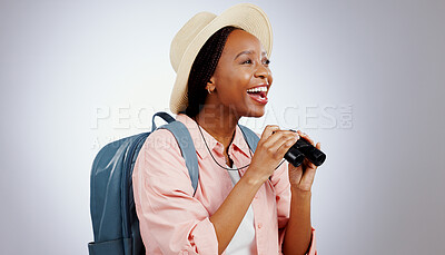 Black woman, travel and binoculars from holiday and backpack in a studio. Relax, hiking and smile with camping and excited with an African female person from Kenya with holiday and adventure freedom