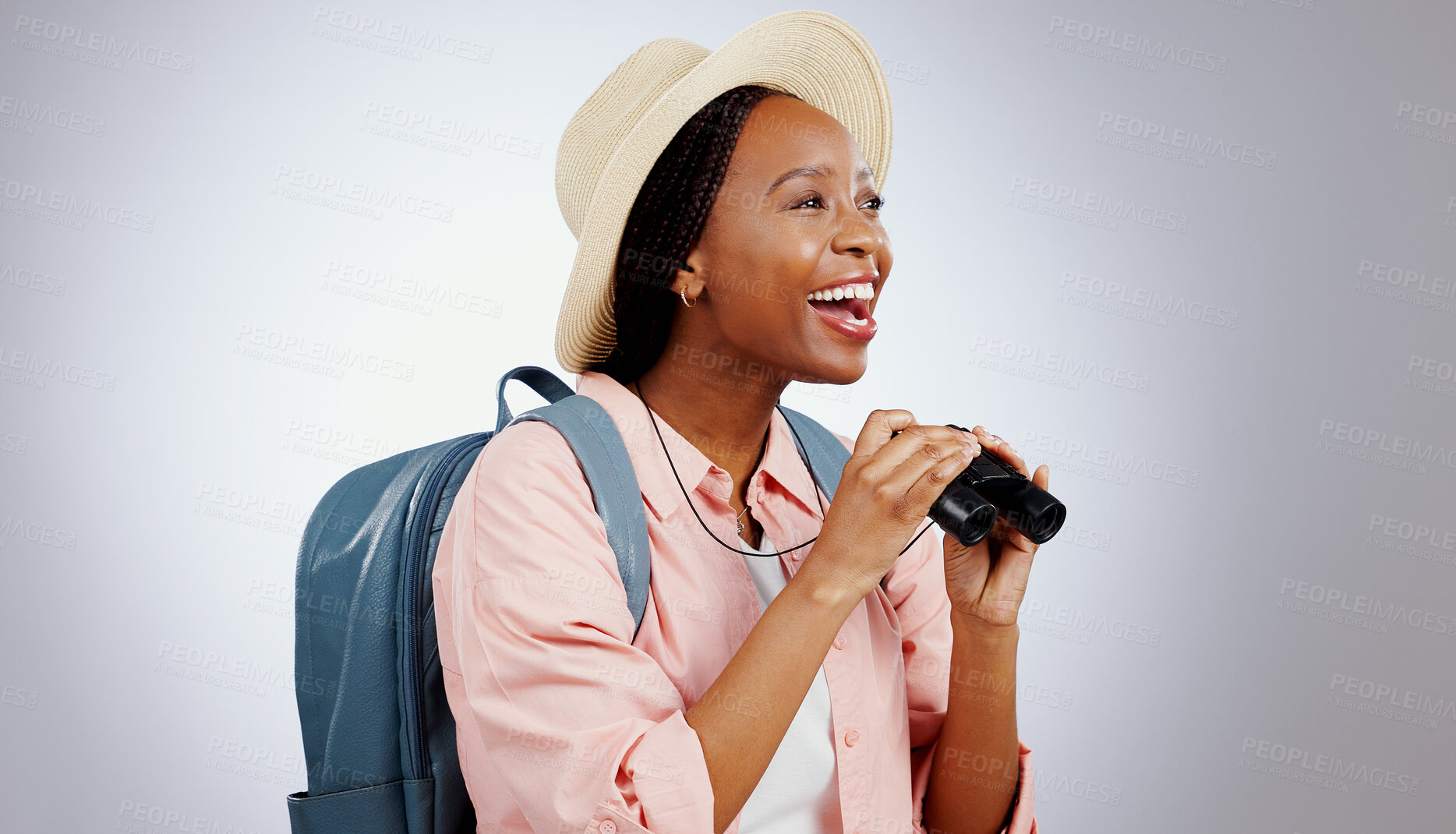 Buy stock photo Black woman, travel and binoculars from holiday and backpack in a studio. Relax, hiking and smile with camping and excited with an African female person from Kenya with holiday and adventure freedom