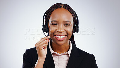 Buy stock photo Business woman, call center and portrait for communication, customer service or support on a white background. Happy face of african advisor, consultant or agent in headphone for contact us in studio