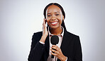 Portrait, smile and broadcast with black woman, microphone or journalist on white studio background. Face, African person or model with interview, reporting or questions with news, listen or feedback