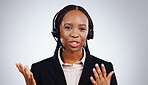Business woman, call center and speaking for communication, customer service and support on a white background. Portrait of african advisor, consultant or agent in headphones for contact us in studio