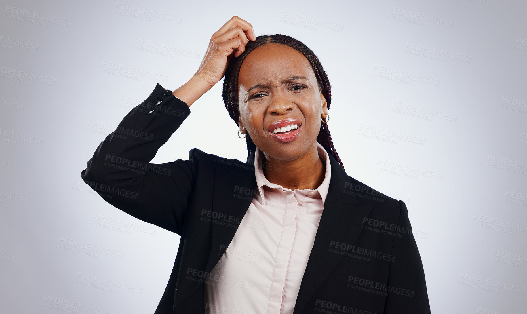 Buy stock photo Confused, thinking and portrait of business woman scratching head in studio with doubt on grey background. Why, questions and face of lady entrepreneur with huh emoji for guess, forget or memory fail