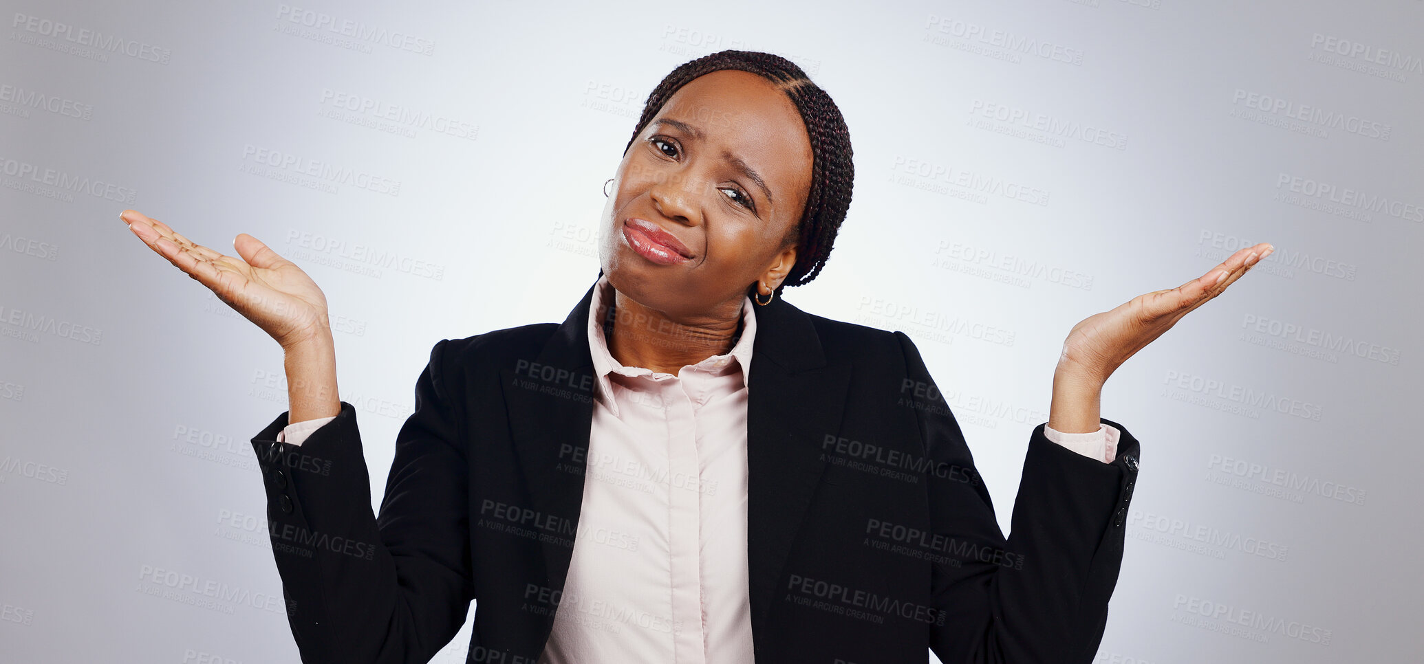 Buy stock photo Confused, portrait and black woman in studio with why, hands or shrug sign on grey background. Business, questions or face of lady entrepreneur with palm scale emoji for doubt, balance or dont know