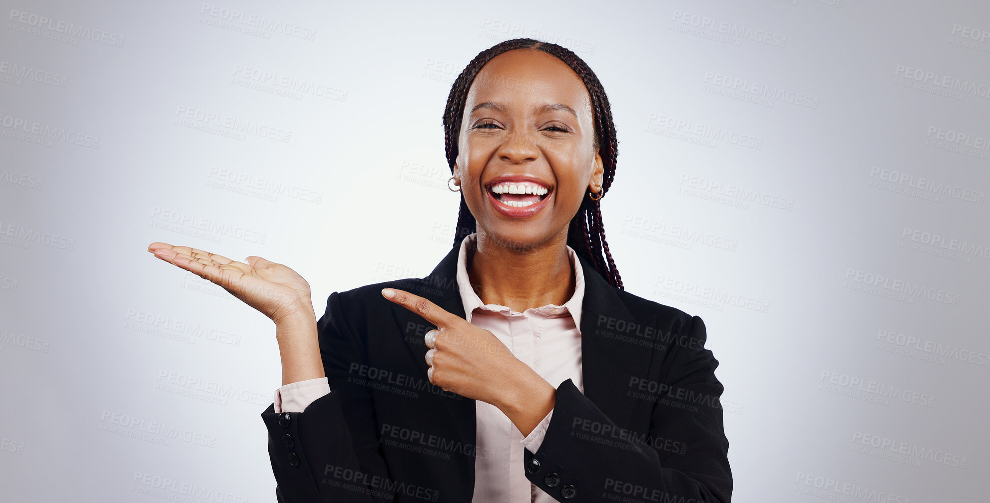 Buy stock photo Portrait, smile and business with black woman, pointing and promotion on a white studio background. Face, African person or model with hand gesture, opportunity or review with presentation or showing