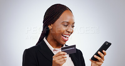 Buy stock photo Business woman, credit card and phone for online shopping, e commerce success or financial loan in studio. Professional african winner on mobile for internet banking and payment on a white background