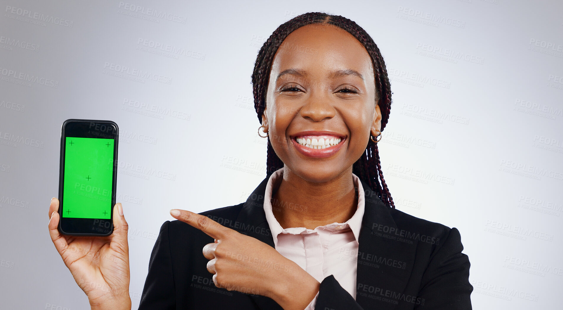 Buy stock photo Professional woman, phone green screen and mockup of presentation, marketing or sign up information in studio. Business portrait, african worker and mobile for news or opportunity on white background