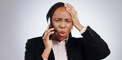 Phone, business woman and angry from scam conversation and anxiety from problem and fail. Studio, white background and frustrated female person with spam communication and identity theft mistake