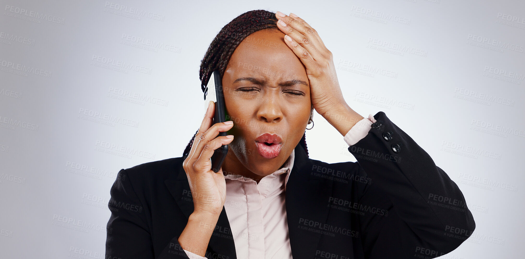 Buy stock photo Phone, business woman and angry from scam conversation and anxiety from problem and fail. Studio, white background and frustrated female person with spam communication and identity theft mistake