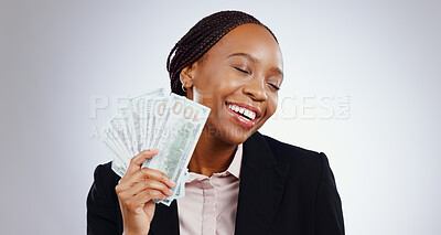 Buy stock photo Business woman, winner and money fan for success, bonus and winning in a competition, loan or cashback in studio. Happy african worker with cash dream, reward or financial savings on white background