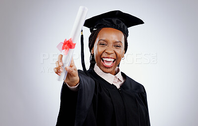 Buy stock photo Graduate, woman and student diploma for education, college or university success on a white background. Excited portrait of person with graduation award, certificate or learning achievement in studio