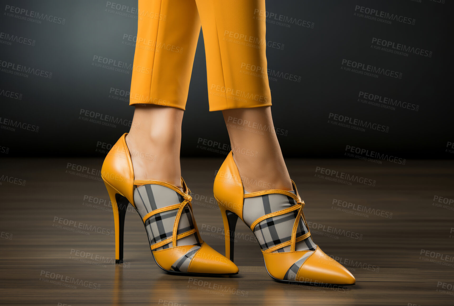Buy stock photo Quirky modern fashion, high heels and legs of woman. Ai generated stylish shoes of elegant person in studio. Confident, cosmetic and beautiful female.