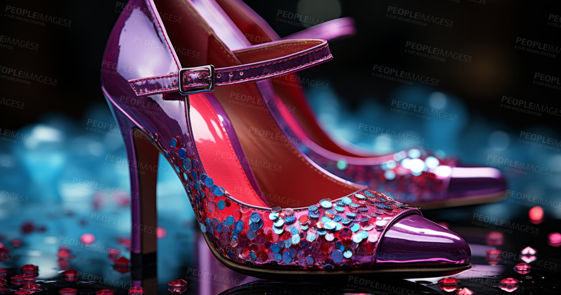 Buy stock photo Modern fashion, high heels and shoes for woman. Ai generated glittering stiletto on background. Close-up, cosmetic and beautiful glitter.