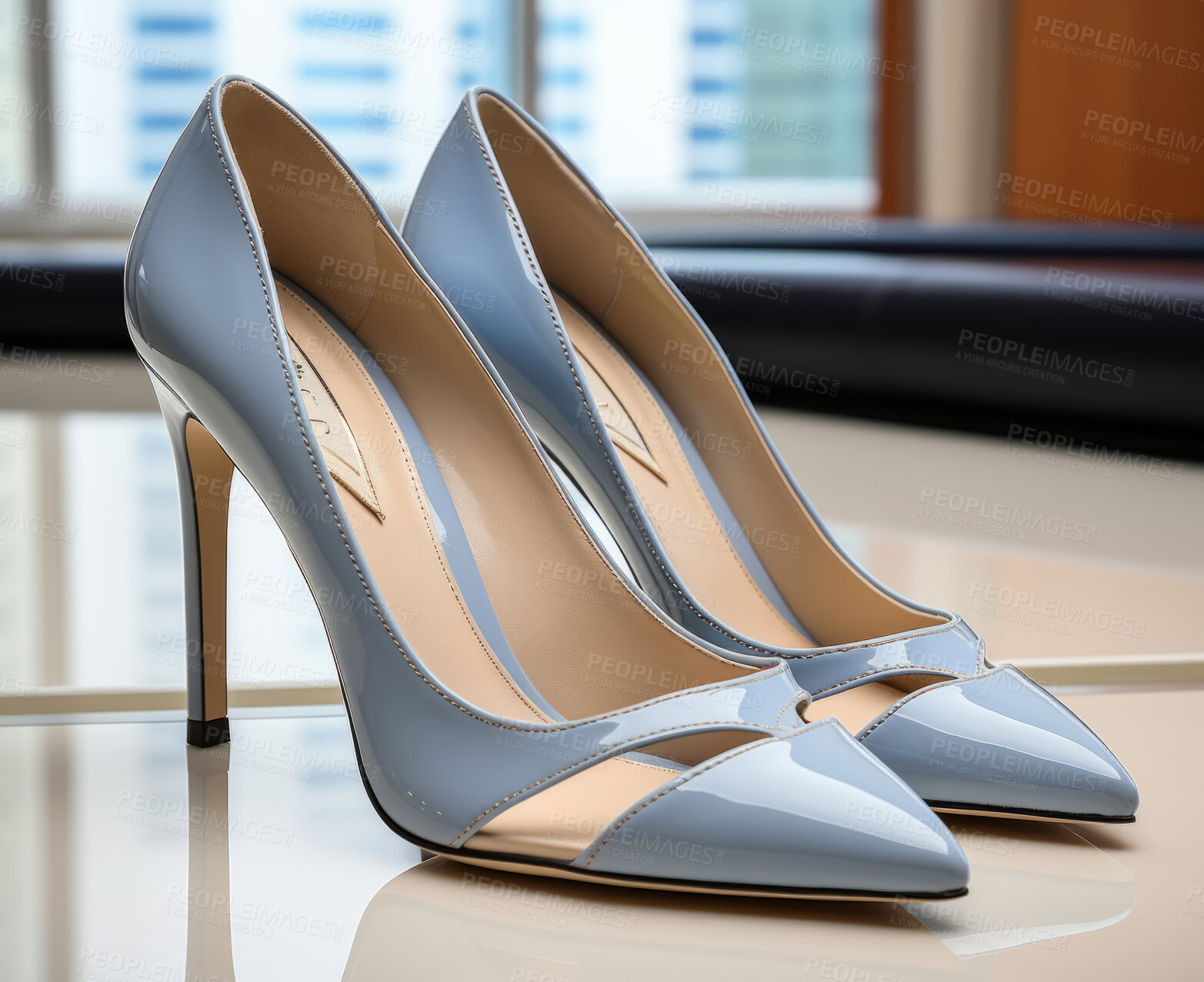 Buy stock photo Modern fashion, high heels and shoes for woman. Ai generated stylish stiletto on shop counter. Close-up, cosmetic and beautiful on background.
