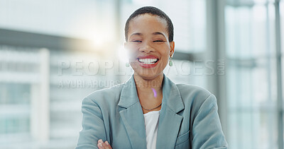 Portrait, happy business woman and arms crossed in office for professional job, pride and confident in human resources agency in Nigeria. African employee, HR manager and smile for working in company