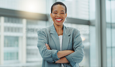 Portrait, business woman and smile with arms crossed for pride, confidence and working in human resources agency in Nigeria. Happy african employee, HR manager or expert staff in professional company