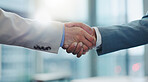 Business people, collaboration and shaking hands for agreement, deal and praise for success, welcome or reward. Closeup, handshake and introduction of partnership, support integration and negotiation