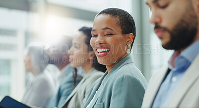 Portrait, group and black woman in a workshop, business and conference with planning, feedback and coaching. Face, African person or employee in a meeting, staff and consultant with review or seminar
