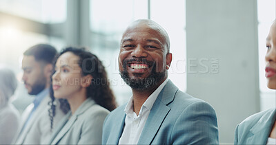 Buy stock photo Portrait, group and black man in a workshop, business and conference with planning, feedback and listening. Face, African person and employee in a meeting, staff and employee with seminar and review