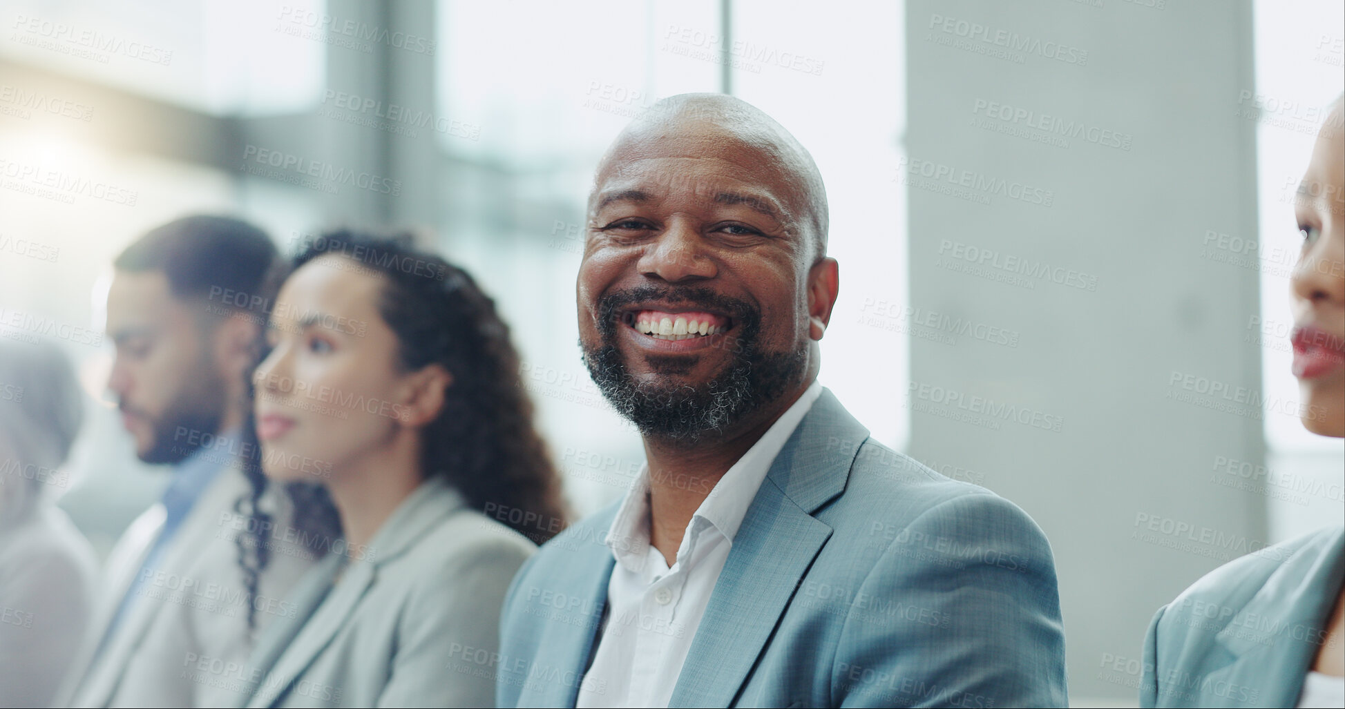 Buy stock photo Portrait, group and black man in a workshop, business and conference with planning, feedback and listening. Face, African person and employee in a meeting, staff and employee with seminar and review