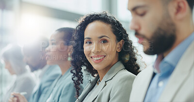 Portrait, group and woman in a workshop, business people and conference with planning, feedback and lens flare. Face, person and employee in a meeting, staff and consultant with seminar and coaching