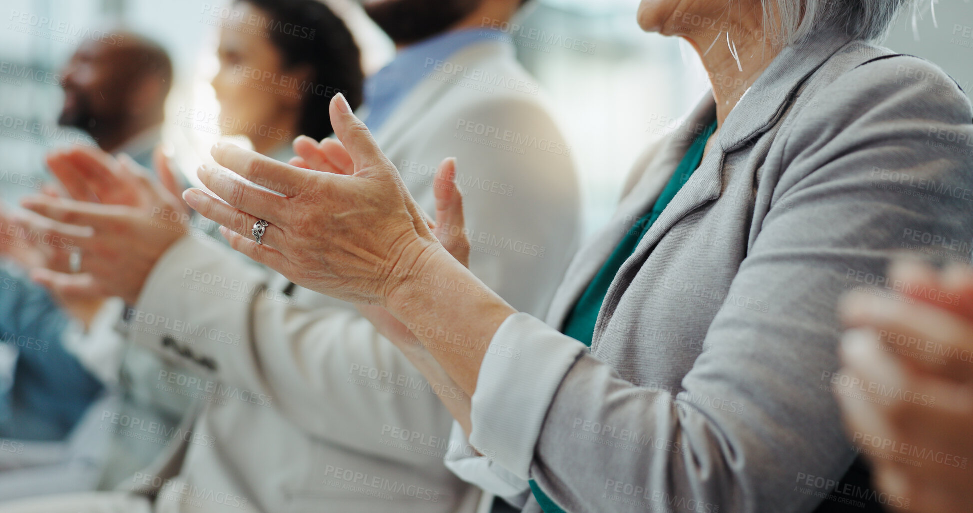 Buy stock photo Business people, hands and applause at conference, workshop or convention with work audience. Crowd, employees and company workers with clapping for achievement of group together for presentation