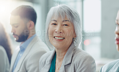 Portrait, group or Asian woman in workshop, business people or conference with planning, lens flare or smile. Face, senior person or employee in meeting, staff or consultant with coaching or seminar