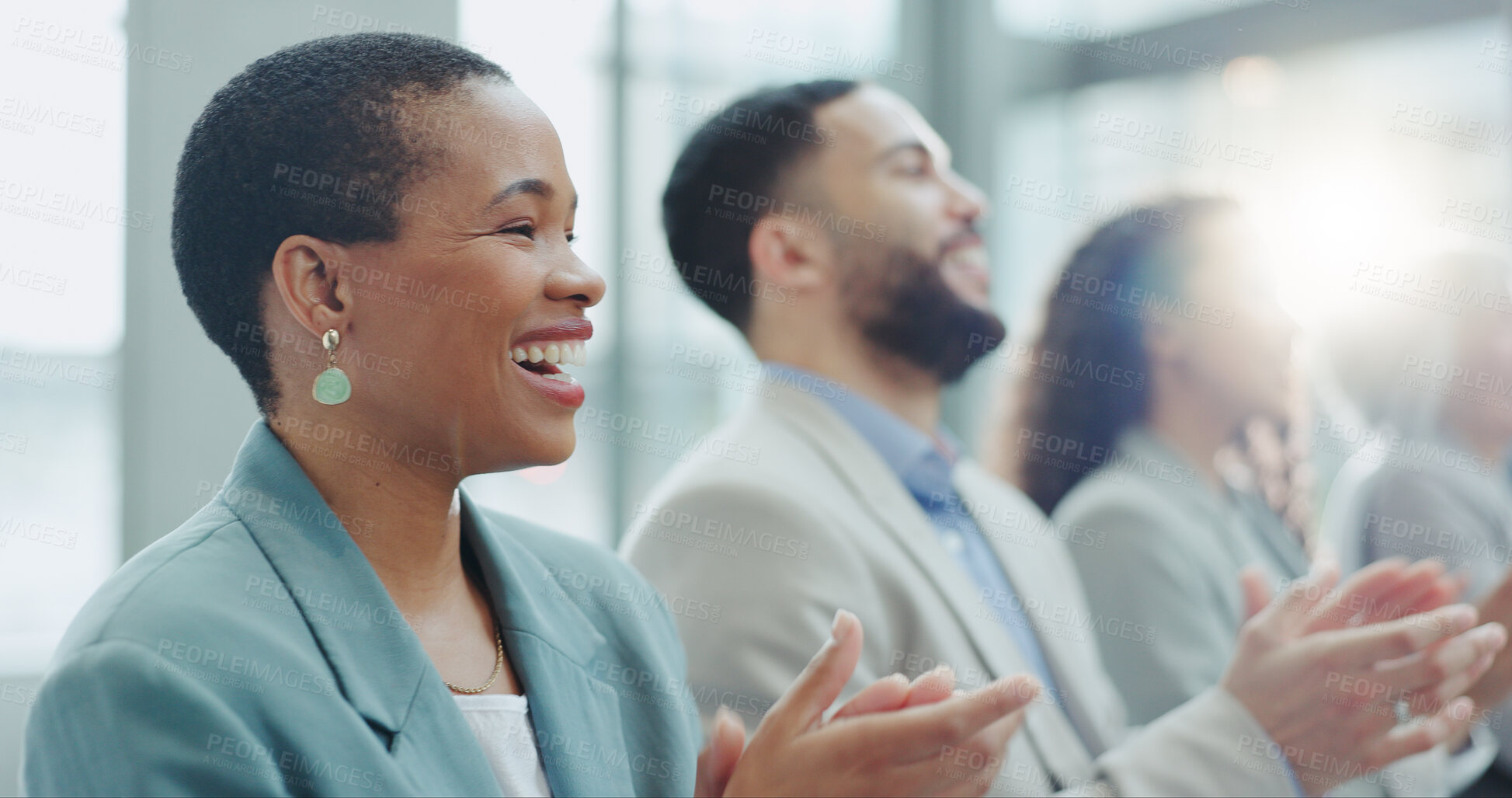 Buy stock photo Business woman, laughing and applause at conference, workshop or convention with work audience. Crowd, employees and company workers with clapping for achievement of group together for presentation