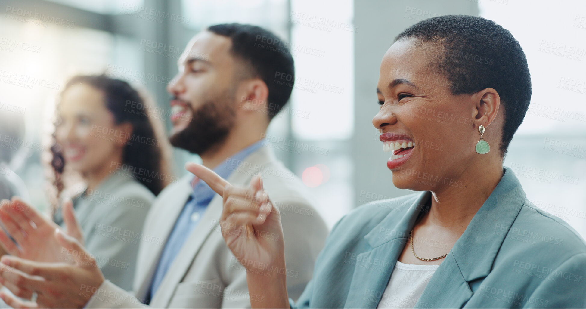 Buy stock photo Business woman, laughing and applause at conference, workshop or convention with work audience. Crowd, employees and company workers with clapping for achievement of group together for presentation