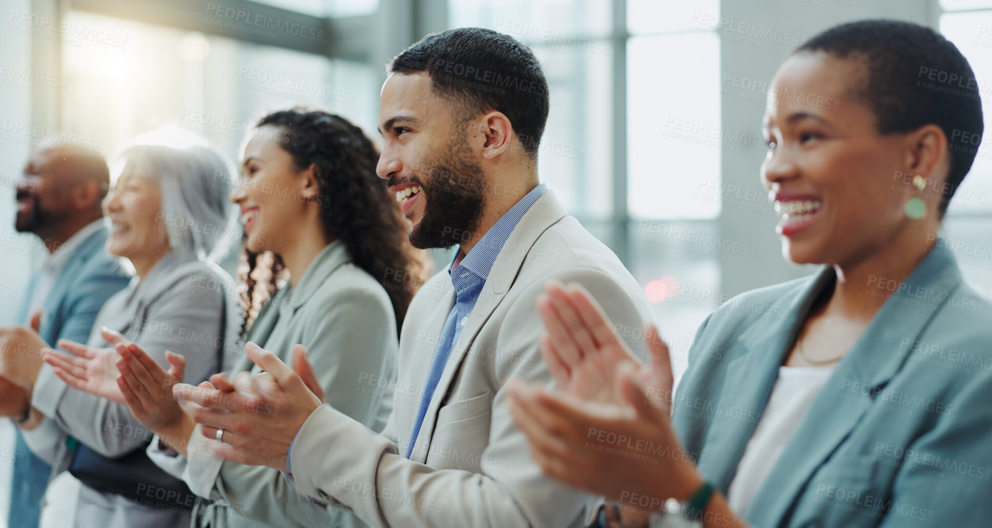 Buy stock photo Business people, happy and team with applause in seminar, tradeshow and achievement of success, support and congratulations. Employees clapping to celebrate winner, workshop and award at conference 