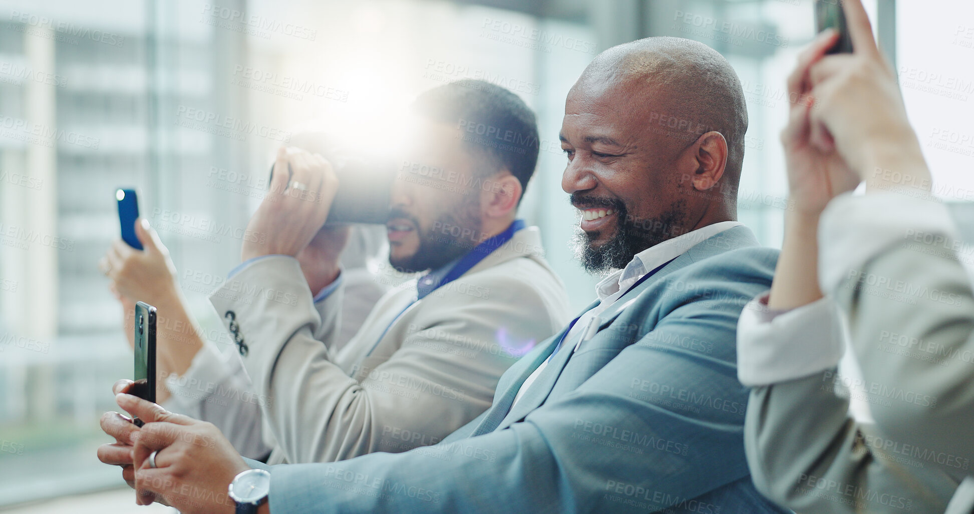 Buy stock photo Business people, convention picture and phone at a workshop with news journalist and media staff. Tradeshow, seminar and employee filming with mobile and reporter at a job working at team event