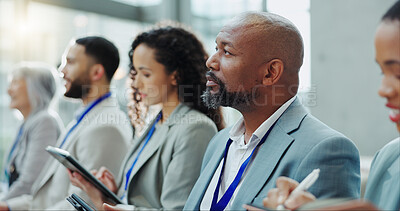 Buy stock photo Business people, diversity and meeting in team workshop, seminar or conference at office. Group of employees or audience listening to speech in staff training, presentation or convention at workplace